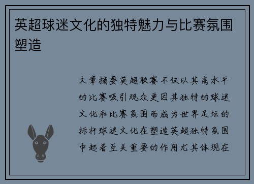 英超球迷文化的独特魅力与比赛氛围塑造 英超球迷文化的独特魅力与比赛氛围塑造
